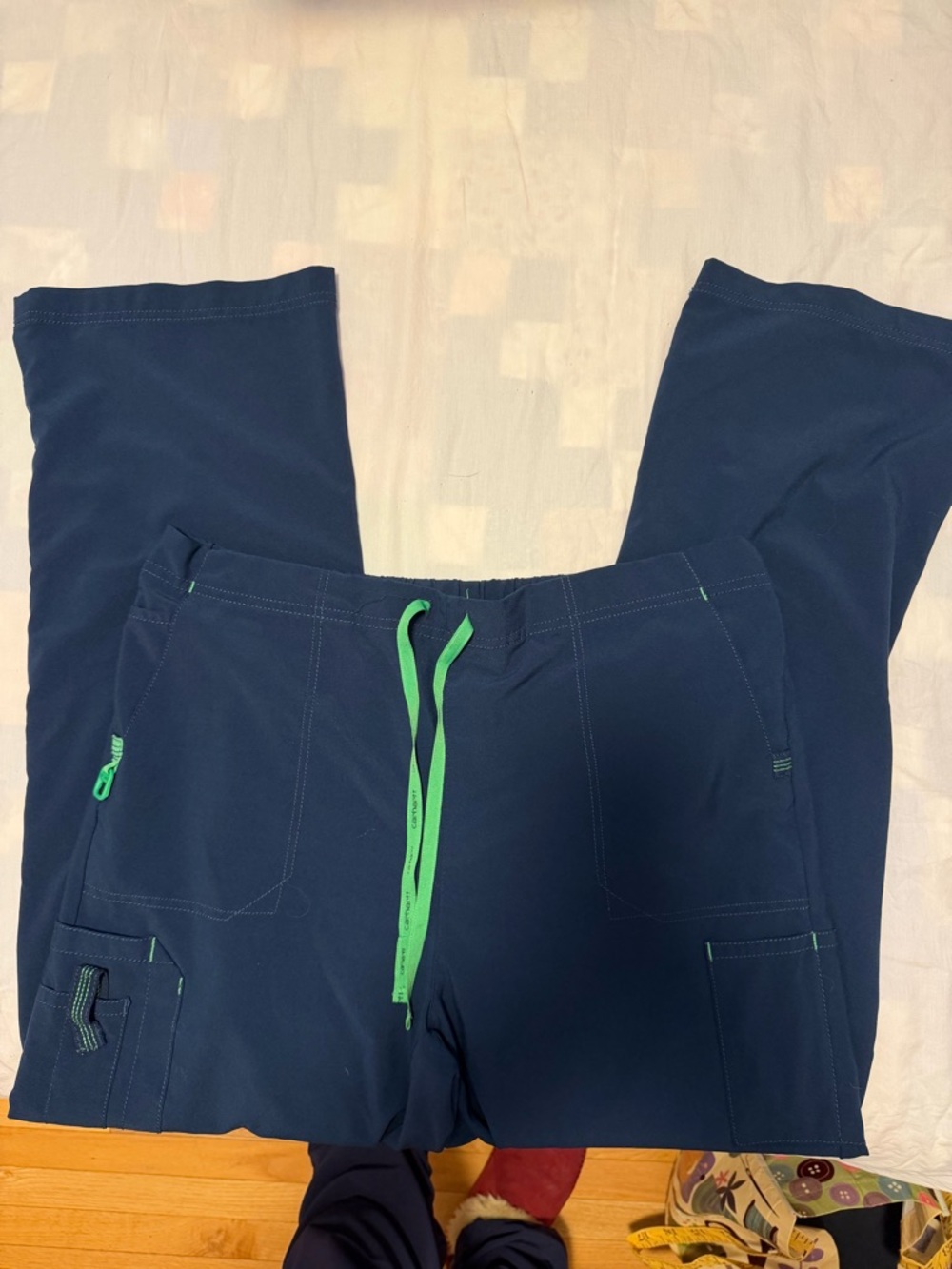 Carhartt Navy scrub pants with Bright Green Drawstring